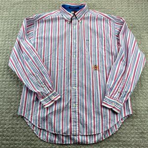 Vintage 90s Tommy Hilfiger Shirt Adult Large L Pink White Stripe Button Up Men